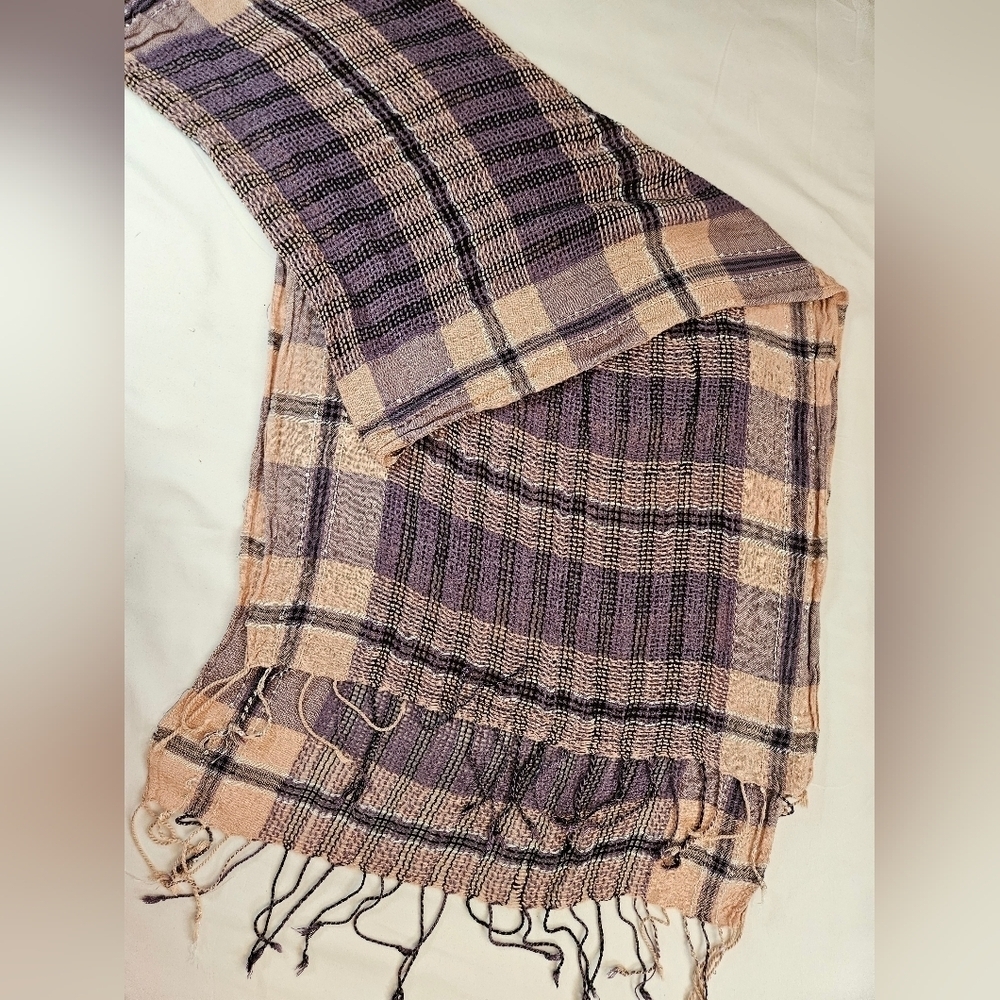 Unbranded Womens Pink And Purple Plaid Lightweight Scarf With Light Fringe